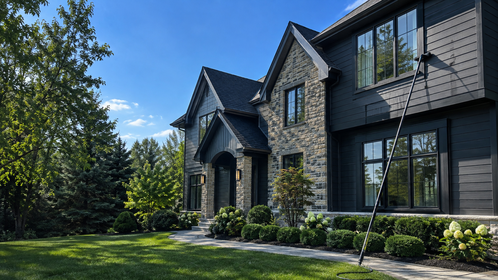 Clean dark-sided home with bright windows and a water-fed cleaning pole